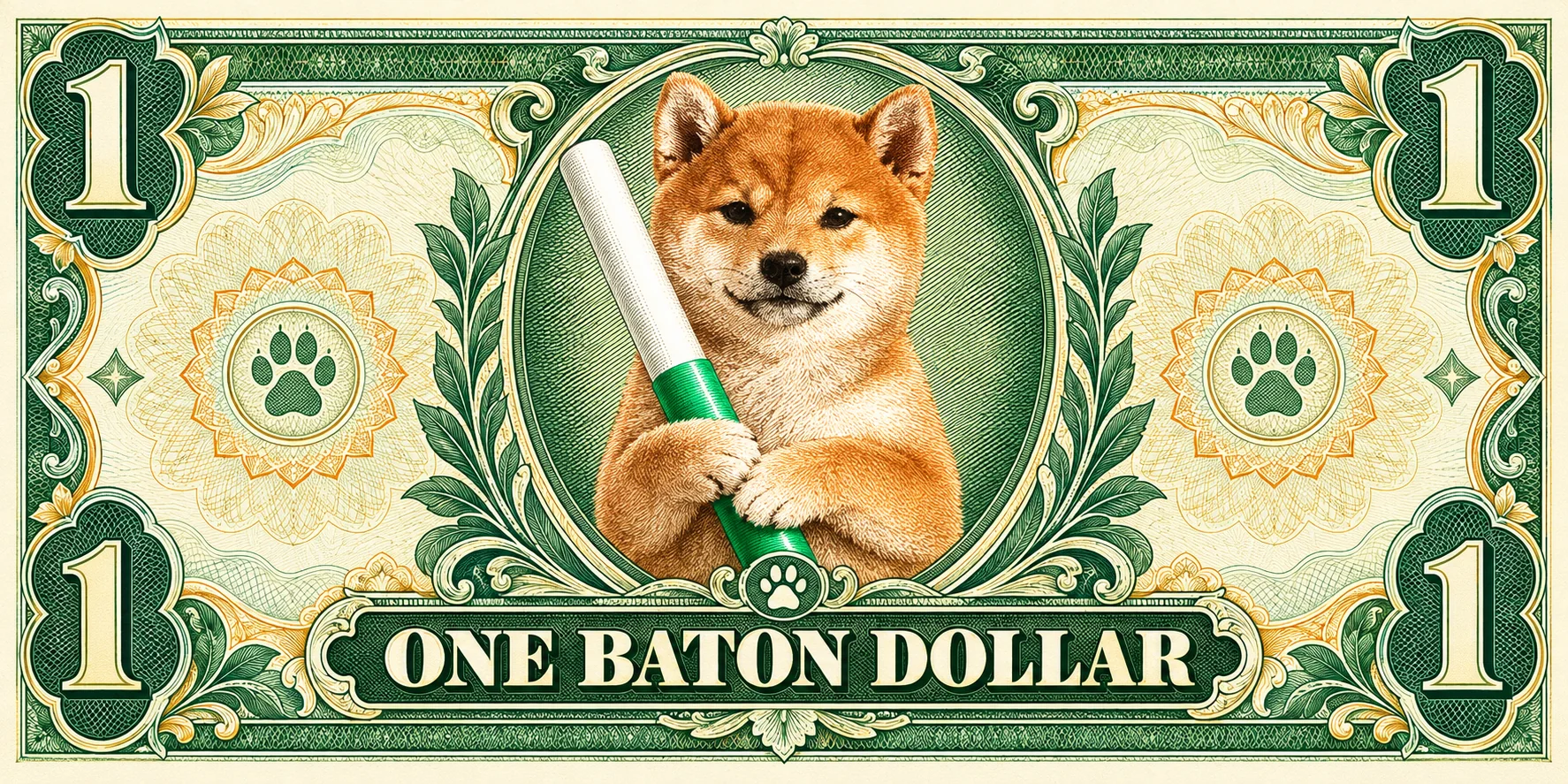 Illustrated Shiba Inu holding a green baton on a one dollar note